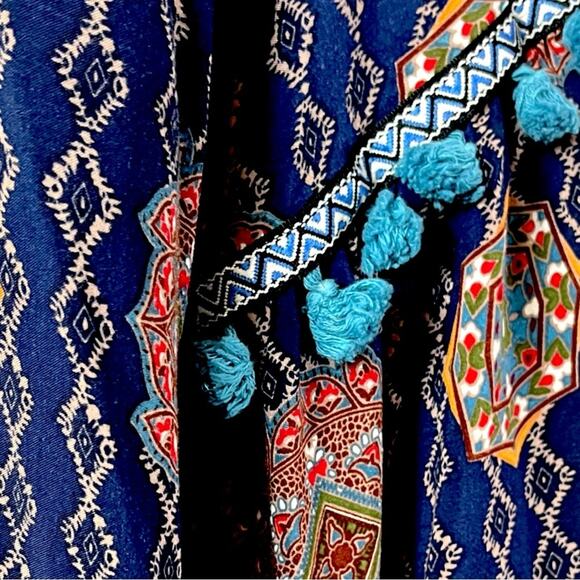 Artistic Works by Lu Boho Swing Dress V-neck Fringe Blue Multi Women’s Size XL - Picture 9 of 11